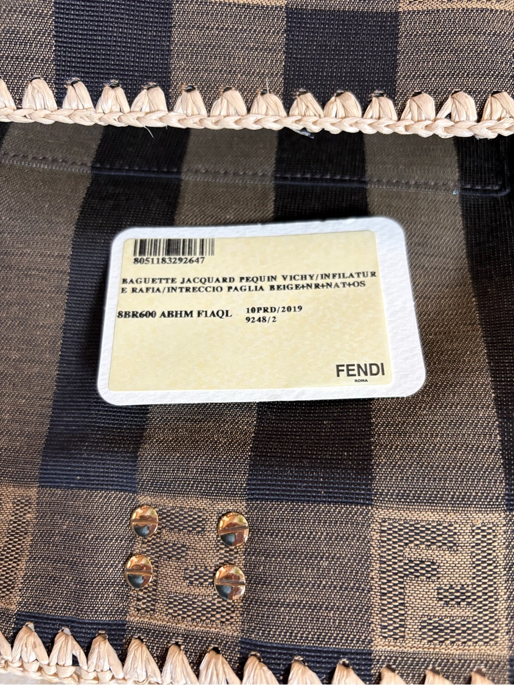 FENDI Fabric Jacquard Raffia Straw Pequin Gingham Woven Baguette Beige Black - Picture 10 of 16
